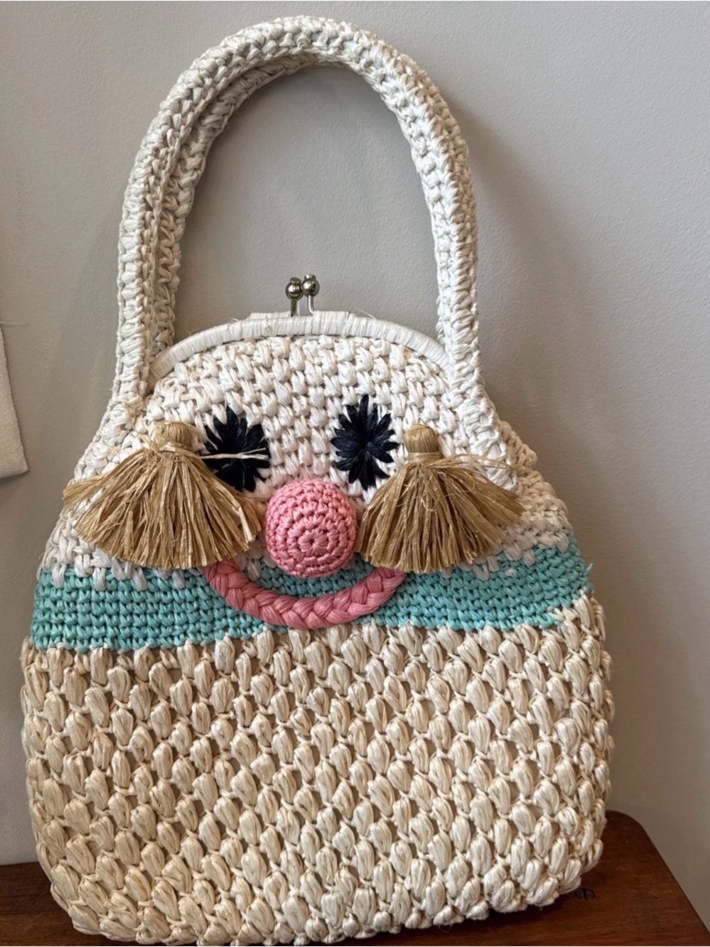 Vintage Marcus Brothers Miami Raffia Straw Face Purse Handbag Japan 1960s